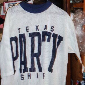 ONE SIZE FITS ALL 'TEXAS PARTY SHIRT'-SHEER WHITE WITH BLUE TRIM-NEVER WORN!